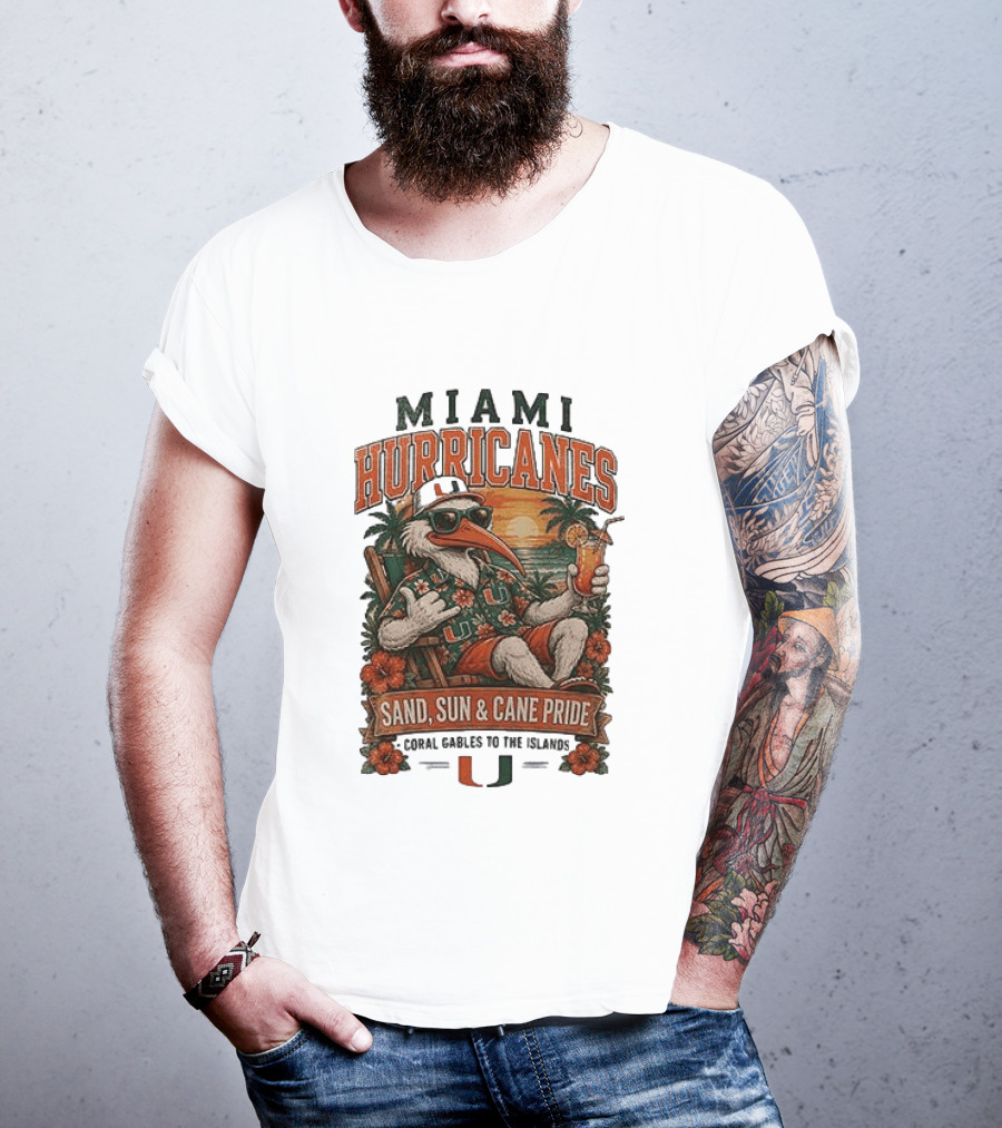Miami Hurricanes Sand Sun Cane Pride Coral Gables To The Islands T-Shirt