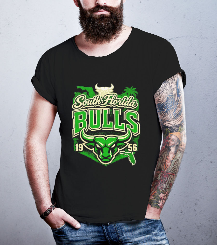 South Florida Bulls 1956 NCAA College Football Palm Tree Map Green Bull T-Shirt