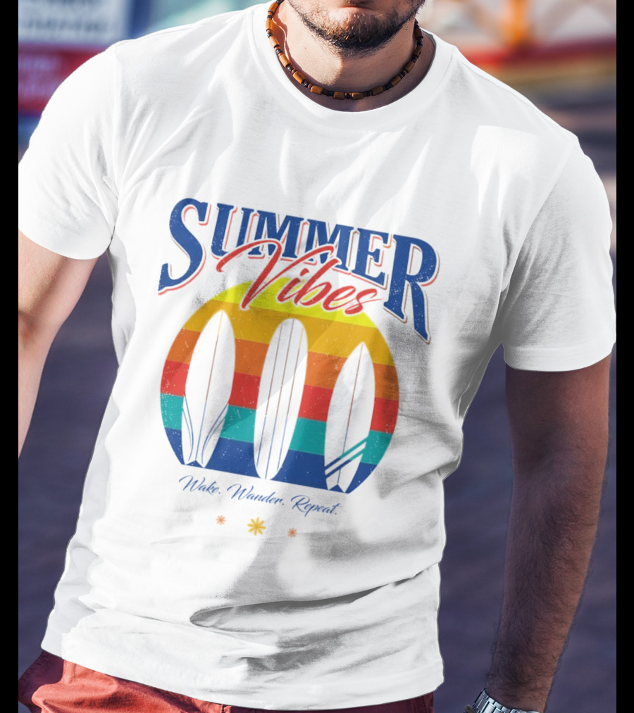 Summer Vibes Wake Wander Repeat Retro Surfboard Sunset T-Shirt