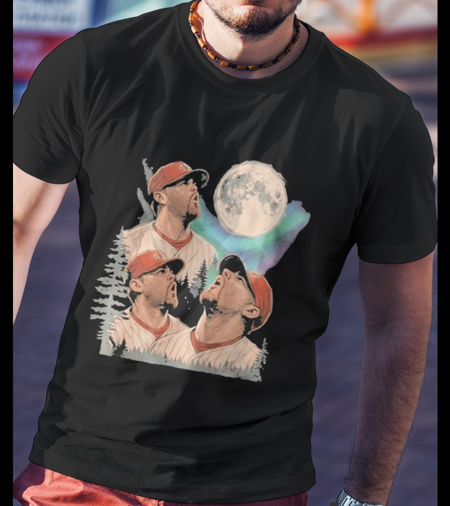 Three Howling Phillies 2026 Randy Wolf Meme Vintage Baseball Art Baseball Moon Forest T-Shirt