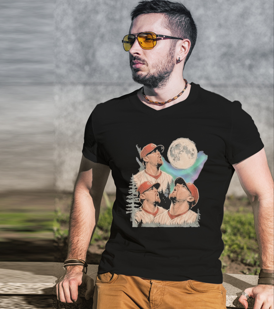 Three Howling Phillies 2026 Randy Wolf Meme Vintage Baseball Art Baseball Moon Forest T-Shirt