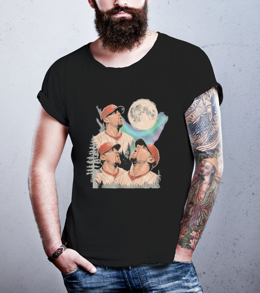 Three Howling Phillies 2026 Randy Wolf Meme Vintage Baseball Art Baseball Moon Forest T-Shirt