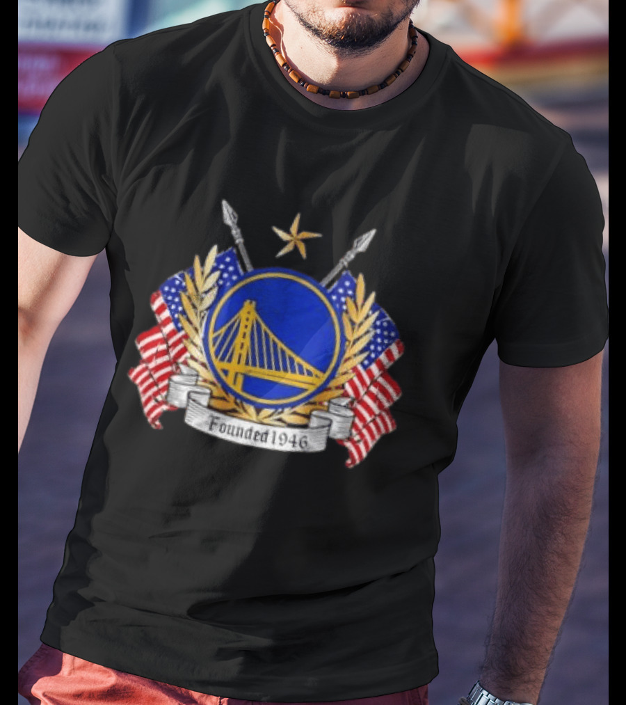 Golden State Warriors 1946 Emblem American Flags Distressed T-Shirt