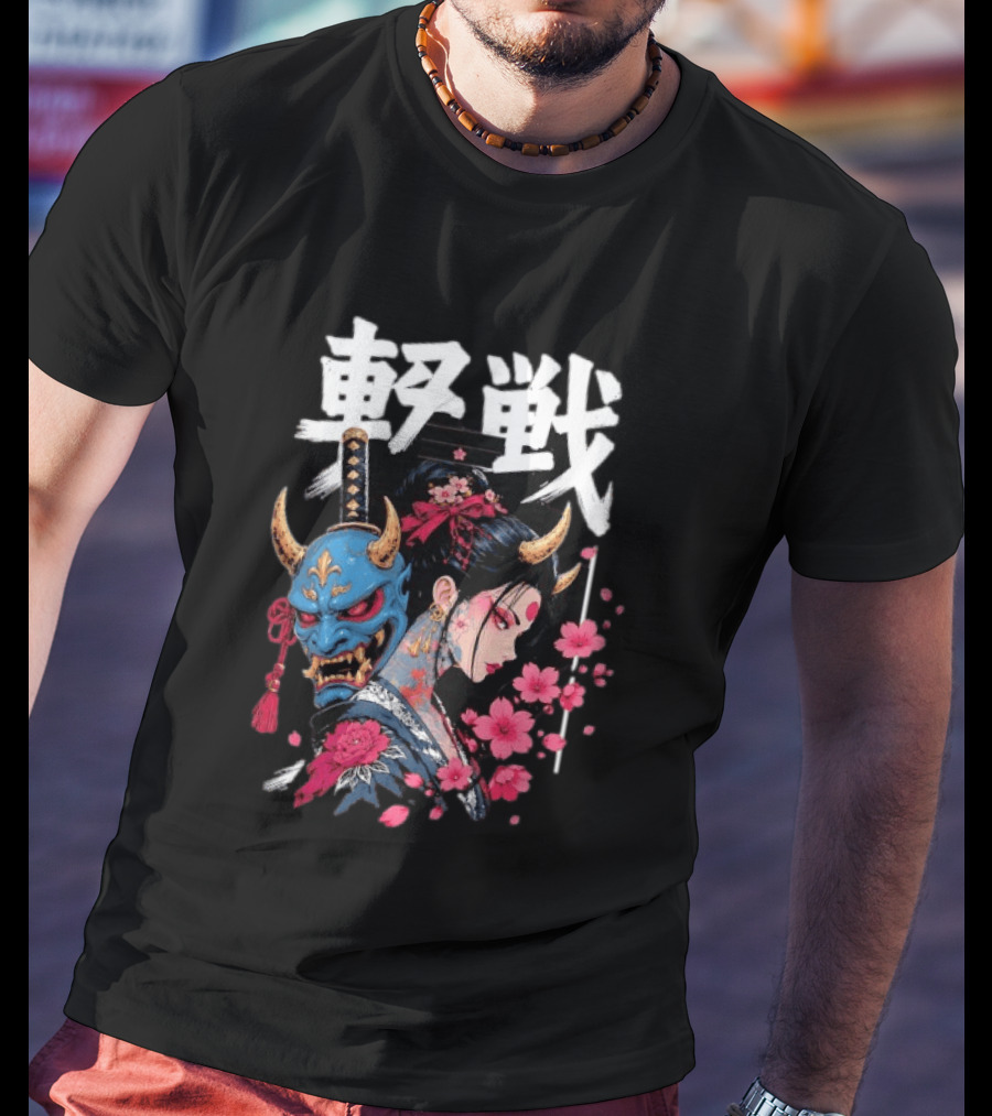 Japanese Oni Mask And Geisha With Cherry Blossoms Kanji T-Shirt