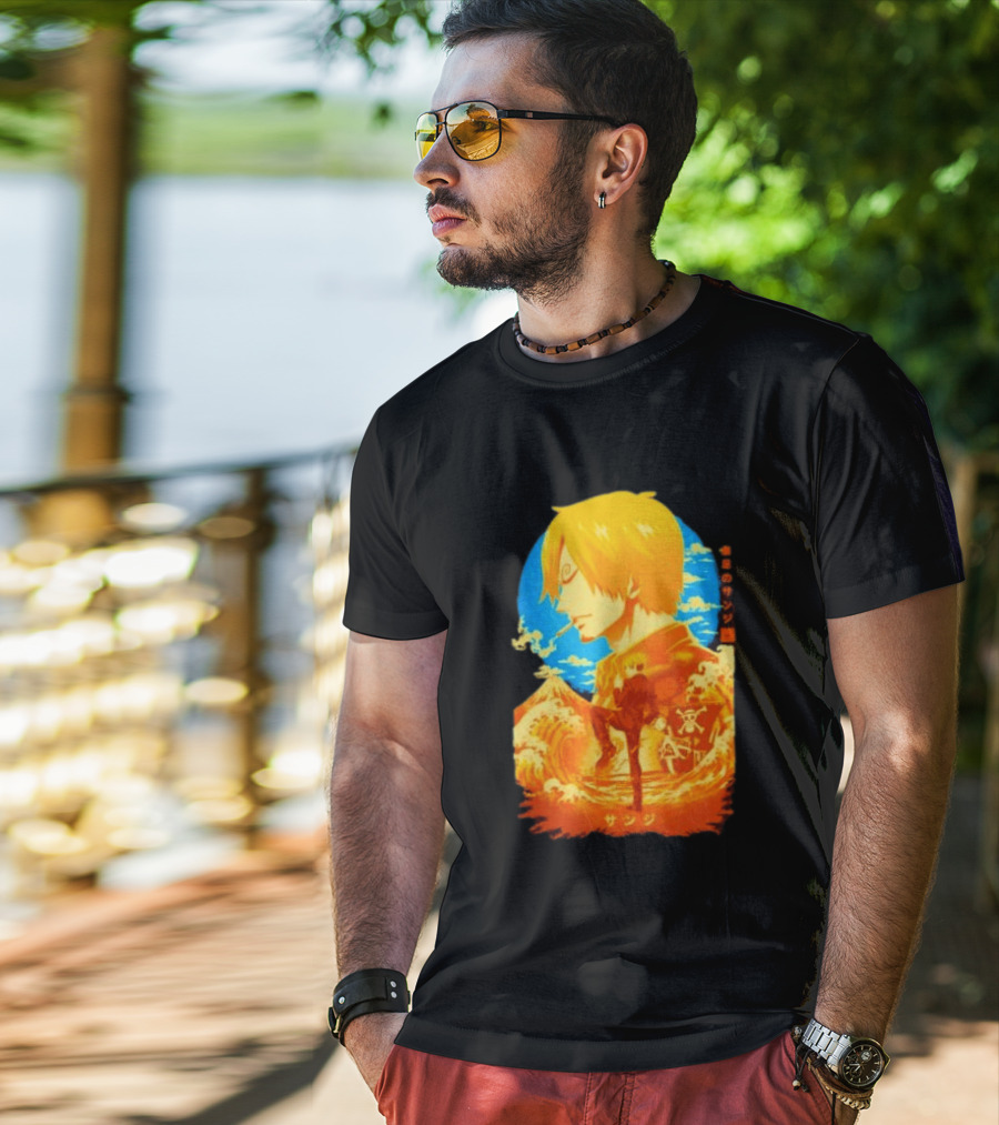Sanji Black Leg One Piece Anime Manga Ocean Scene Luffy Jolly Roger T-Shirt