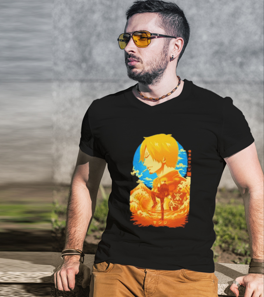 Sanji Black Leg One Piece Anime Manga Ocean Scene Luffy Jolly Roger T-Shirt