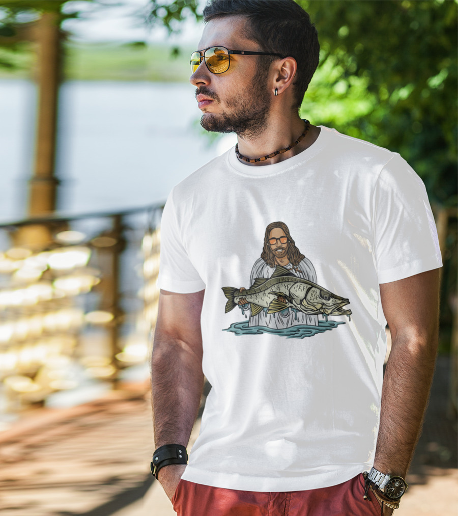Jesus Holding Fish Like Jesus Fishing With Sunglasses T-Shirt