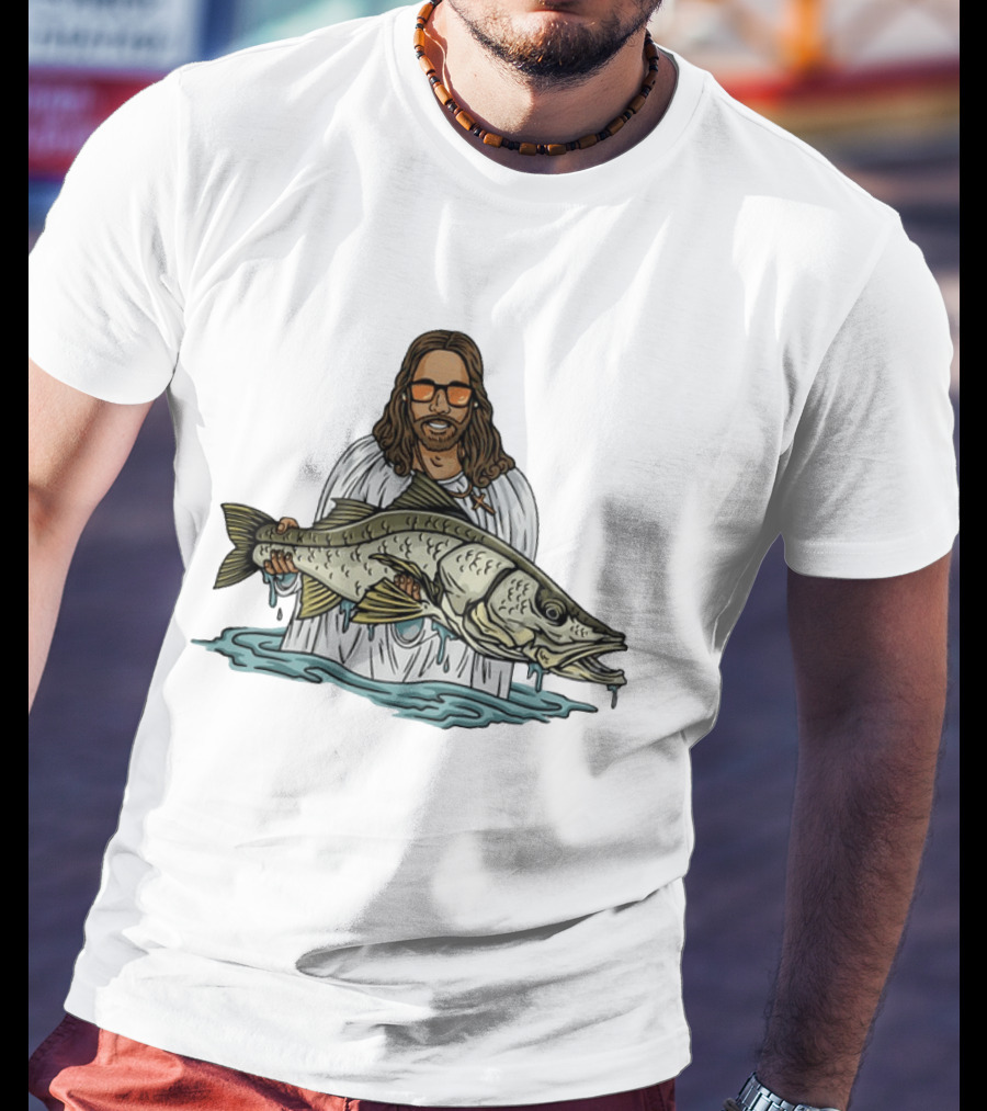 Jesus Holding Fish Like Jesus Fishing With Sunglasses T-Shirt