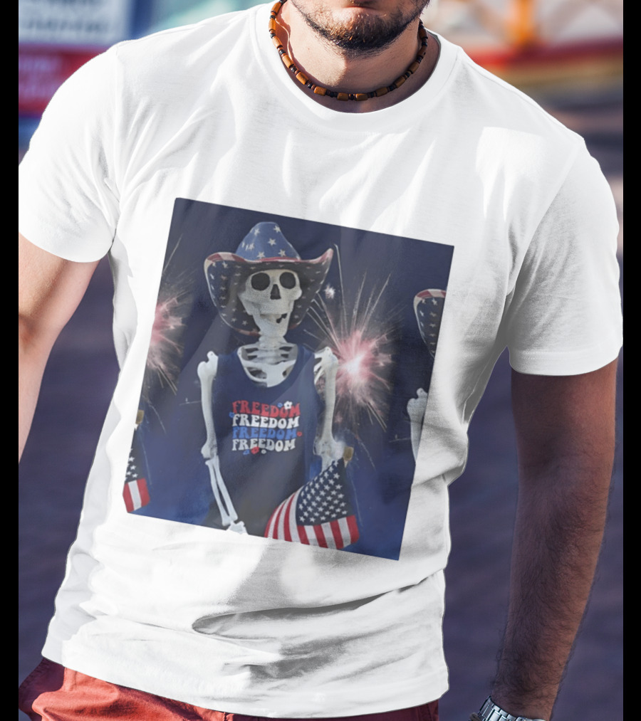 Freedom Skeleton Patriot With American Flag And Fireworks Fourth Of July T-Shirt