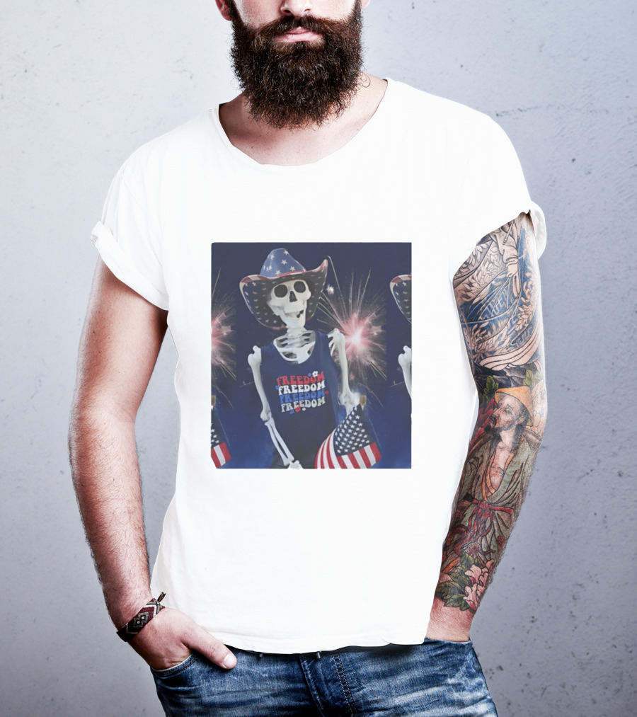 Freedom Skeleton Patriot With American Flag And Fireworks Fourth Of July T-Shirt