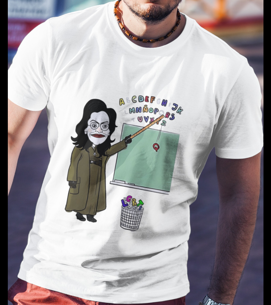 LGBTQ Alphabet Removal Cartoon Teacher With Chalkboard And Trash Bin T-Shirt