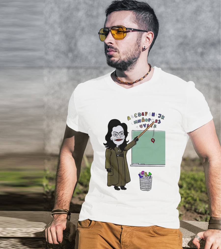 LGBTQ Alphabet Removal Cartoon Teacher With Chalkboard And Trash Bin T-Shirt