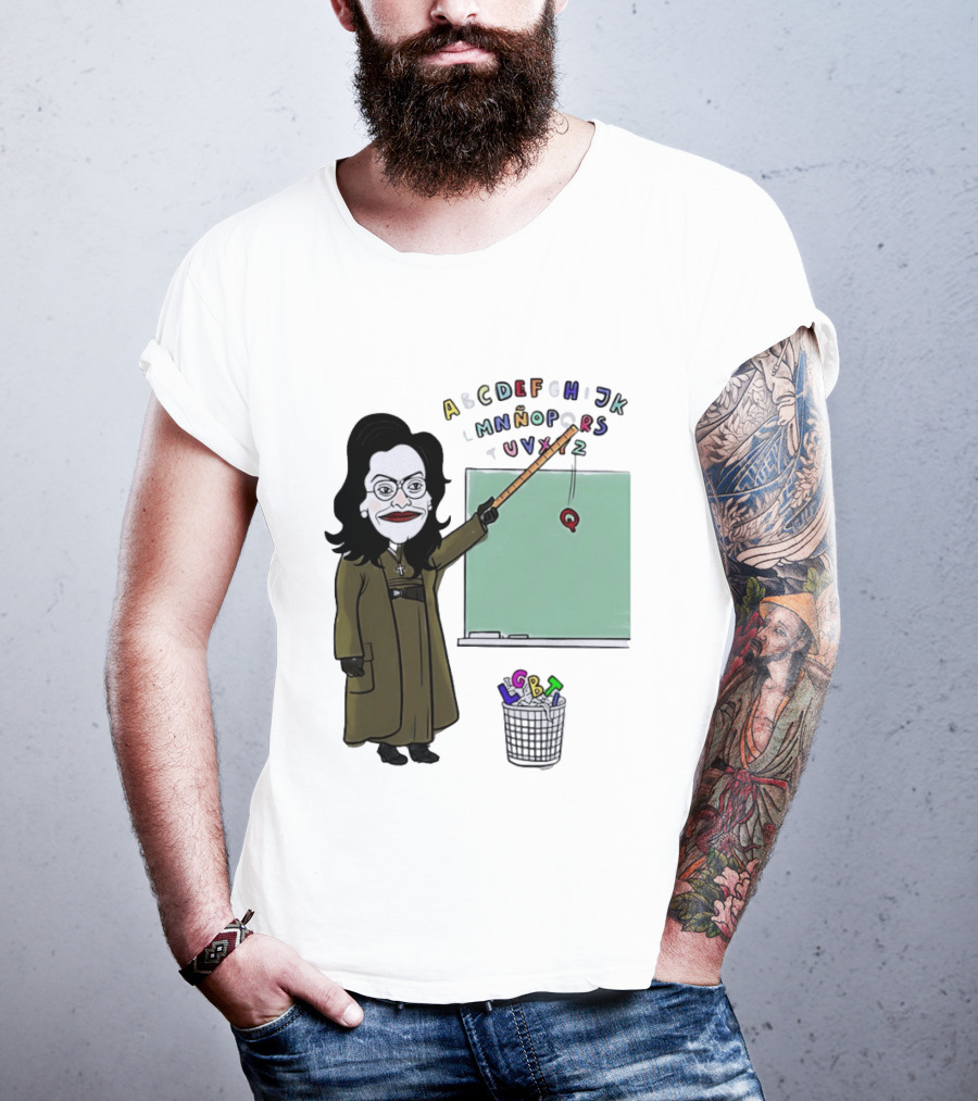 LGBTQ Alphabet Removal Cartoon Teacher With Chalkboard And Trash Bin T-Shirt