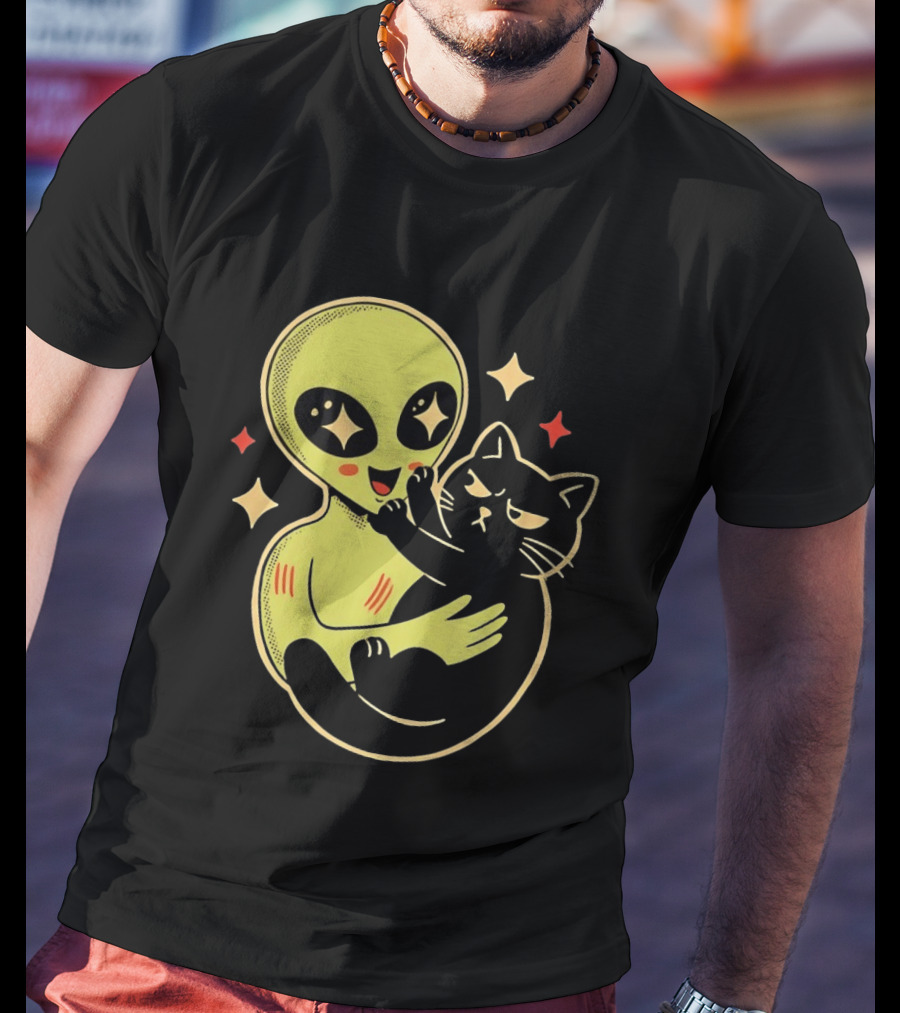 Alien Holding Grumpy Black Cat Surrounded By Stars T-Shirt