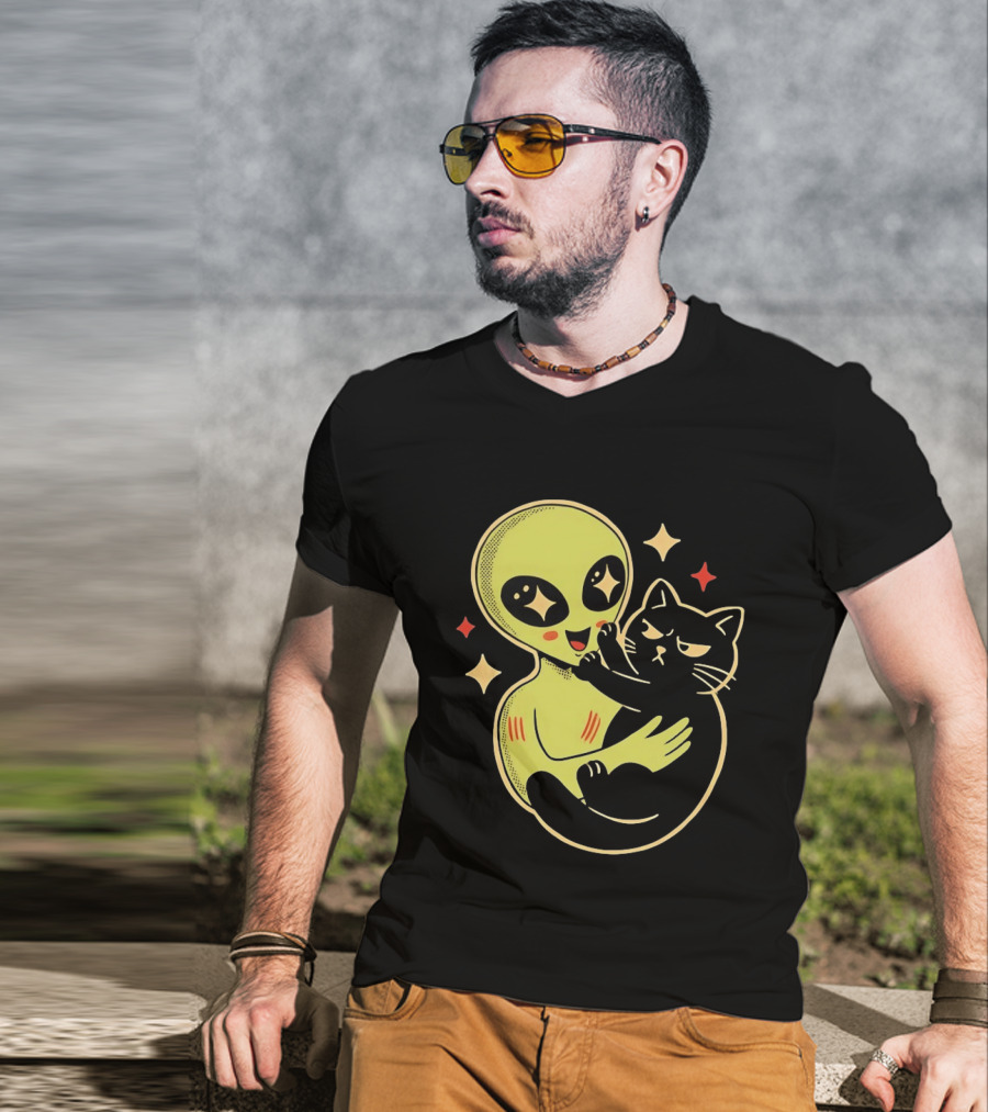 Alien Holding Grumpy Black Cat Surrounded By Stars T-Shirt