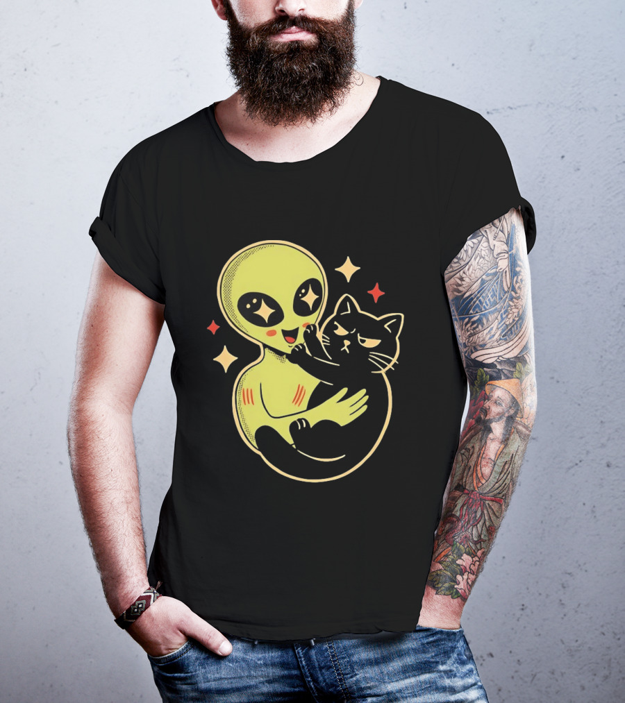 Alien Holding Grumpy Black Cat Surrounded By Stars T-Shirt