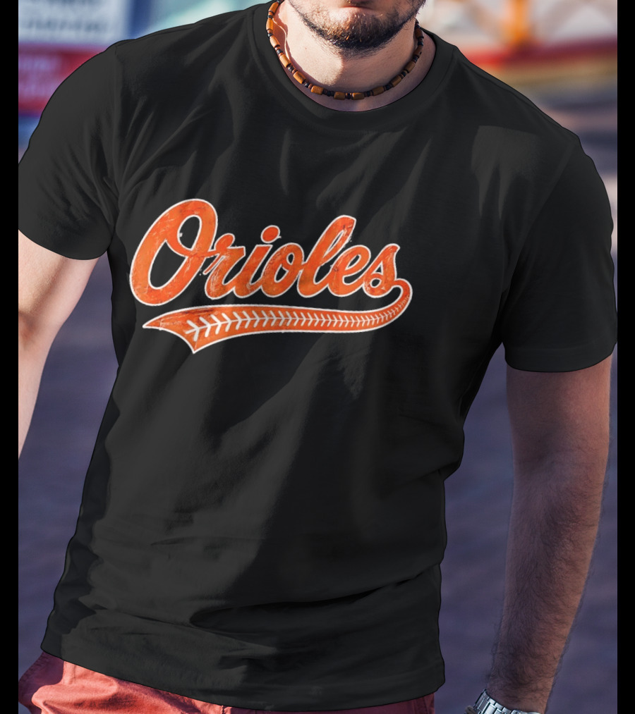 Baltimore Orioles Vintage Text With Baseball Stitching T-Shirt