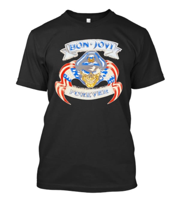 Bon Jovi Forever Skull With American Flag Banners And Blue Cap T-Shirt