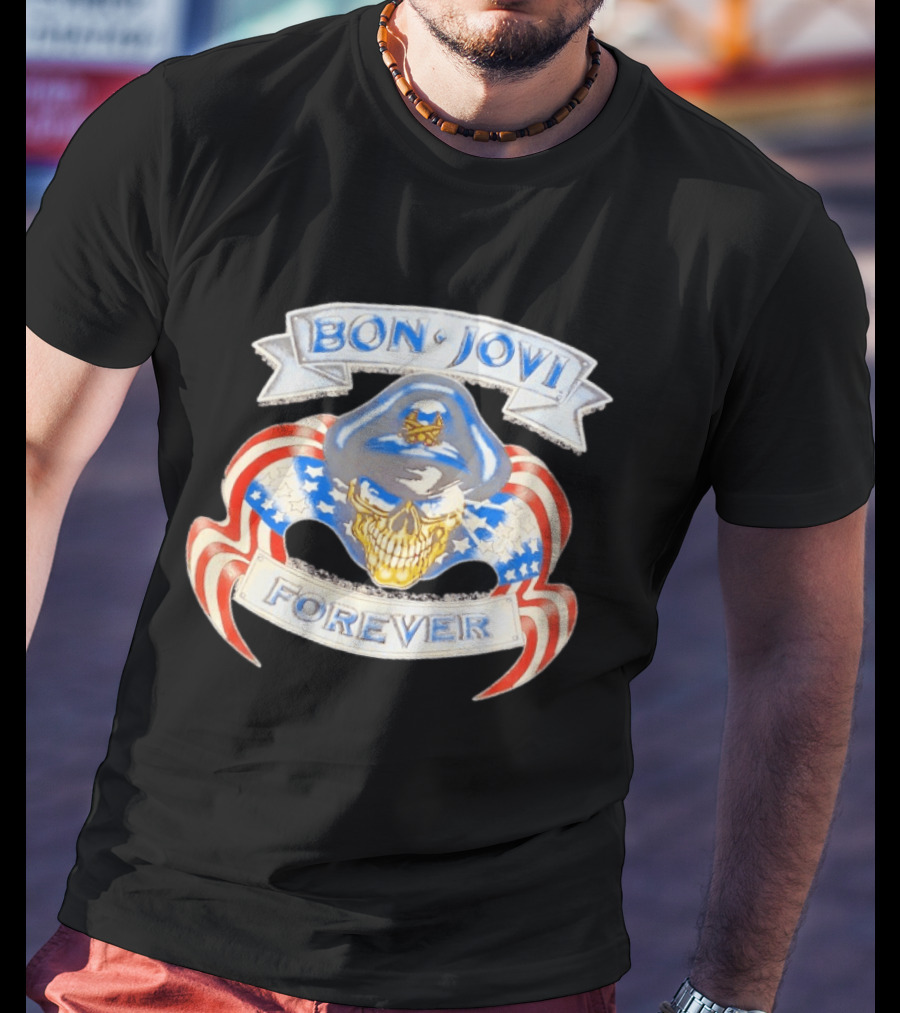 Bon Jovi Forever Skull With American Flag Banners And Blue Cap T-Shirt
