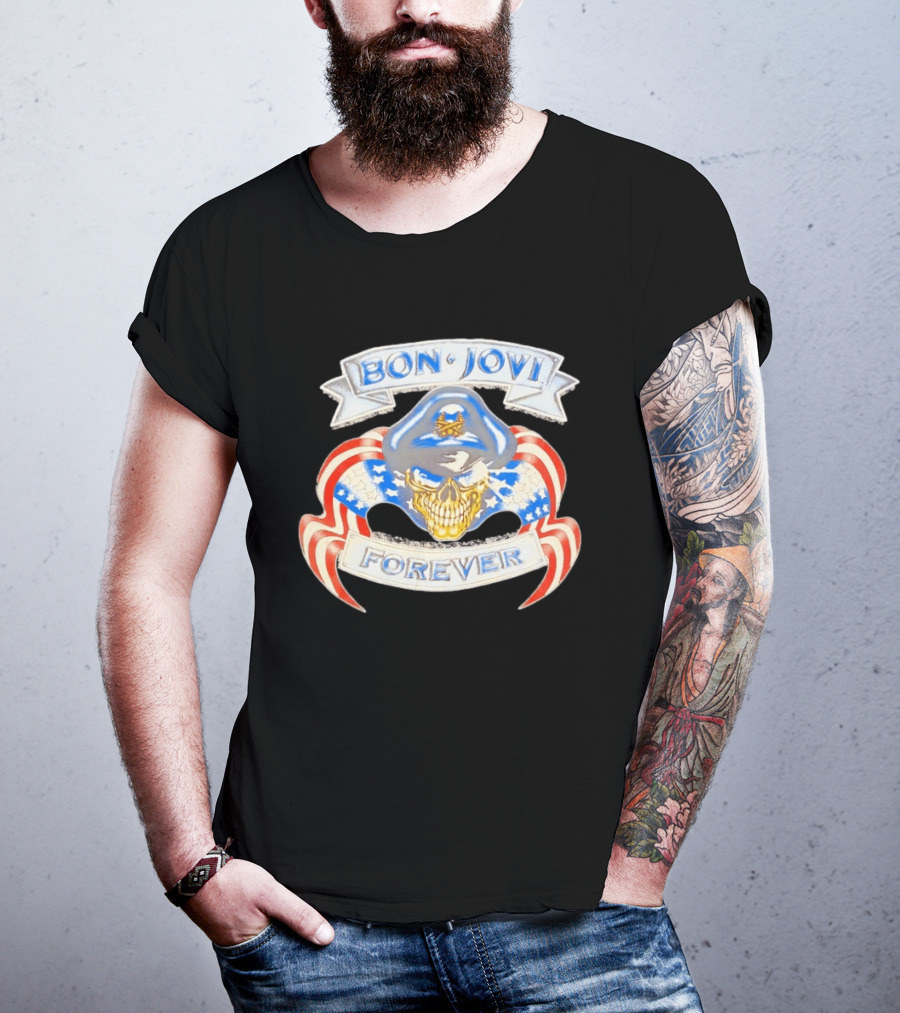 Bon Jovi Forever Skull With American Flag Banners And Blue Cap T-Shirt