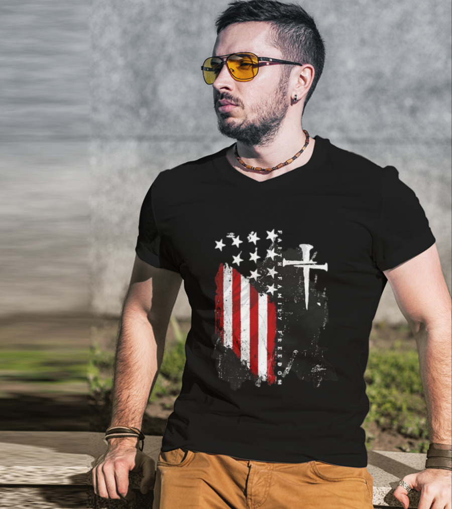 Faith Family Freedom Patriotic American Flag Cross T-Shirt