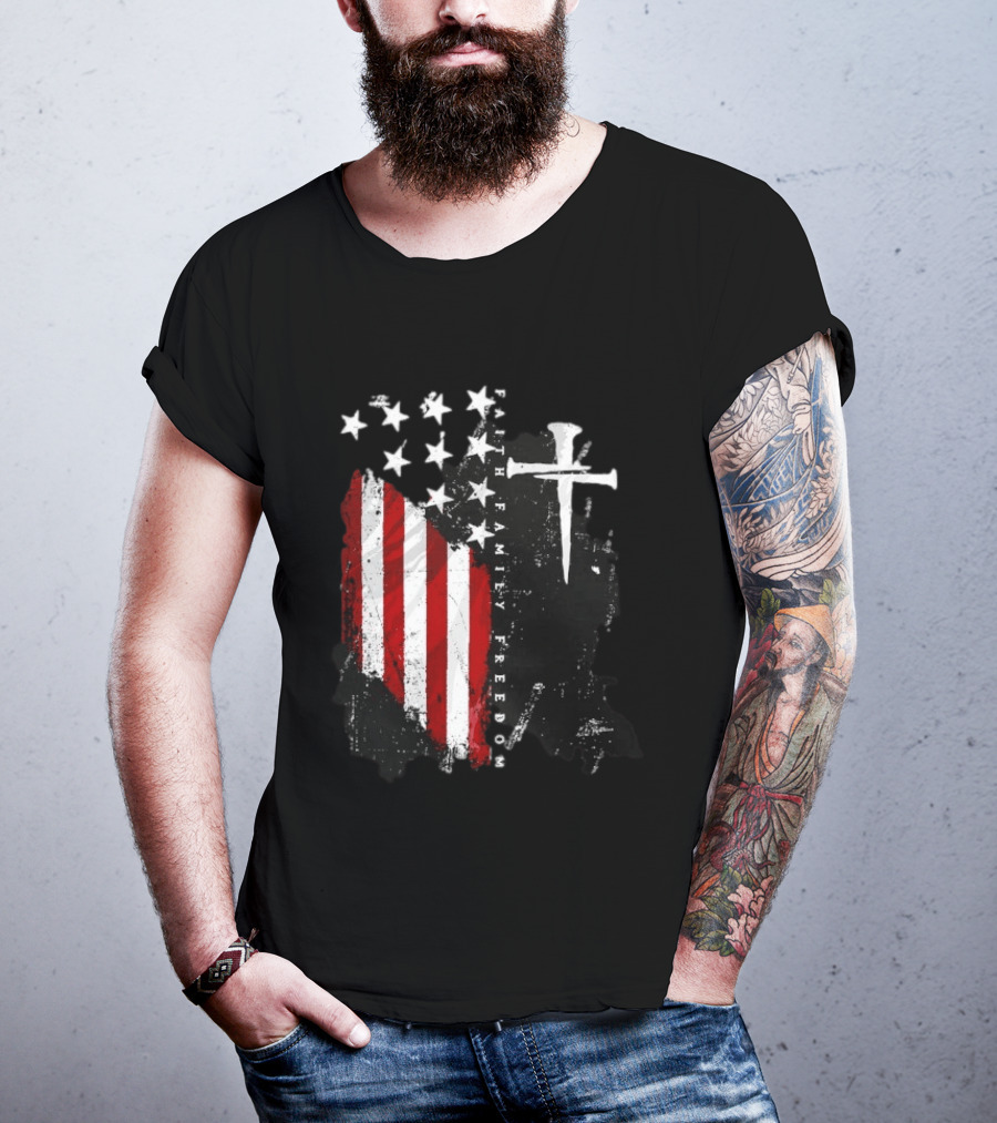 Faith Family Freedom Patriotic American Flag Cross T-Shirt