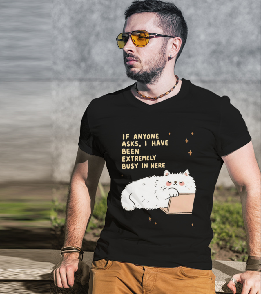 If Anyone Asks I Have Been Extremely Busy In Here Fluffy White Cat In Box T-Shirt