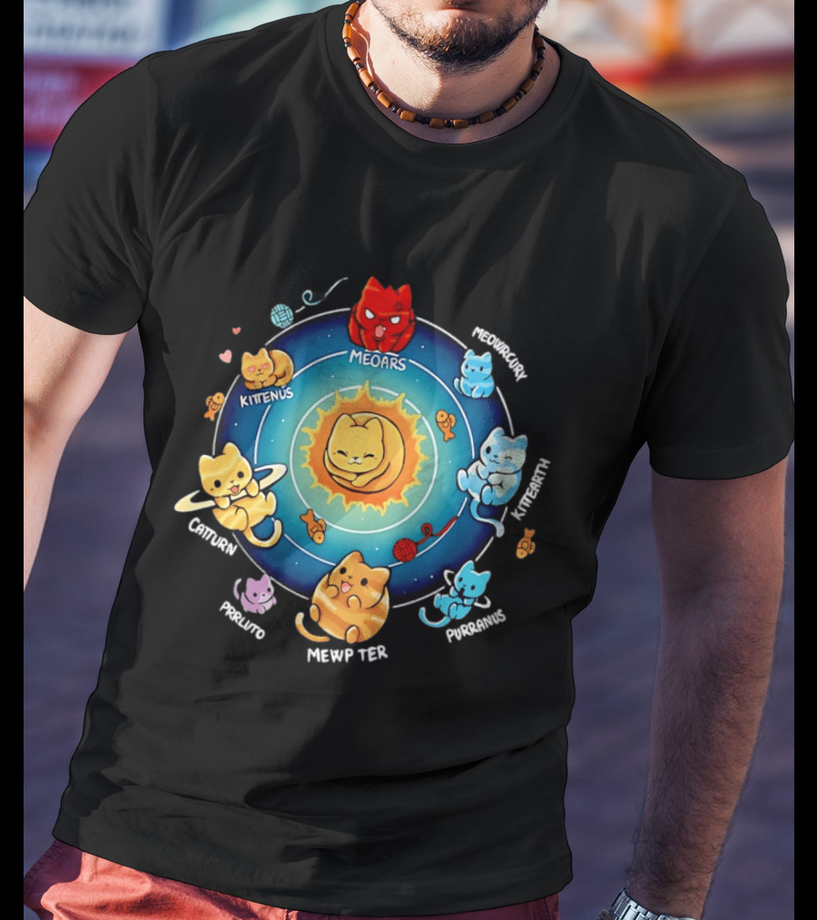 Cat Solar System Pun With Meowars And Planets Names Like Kittenus And Purrurns T-Shirt