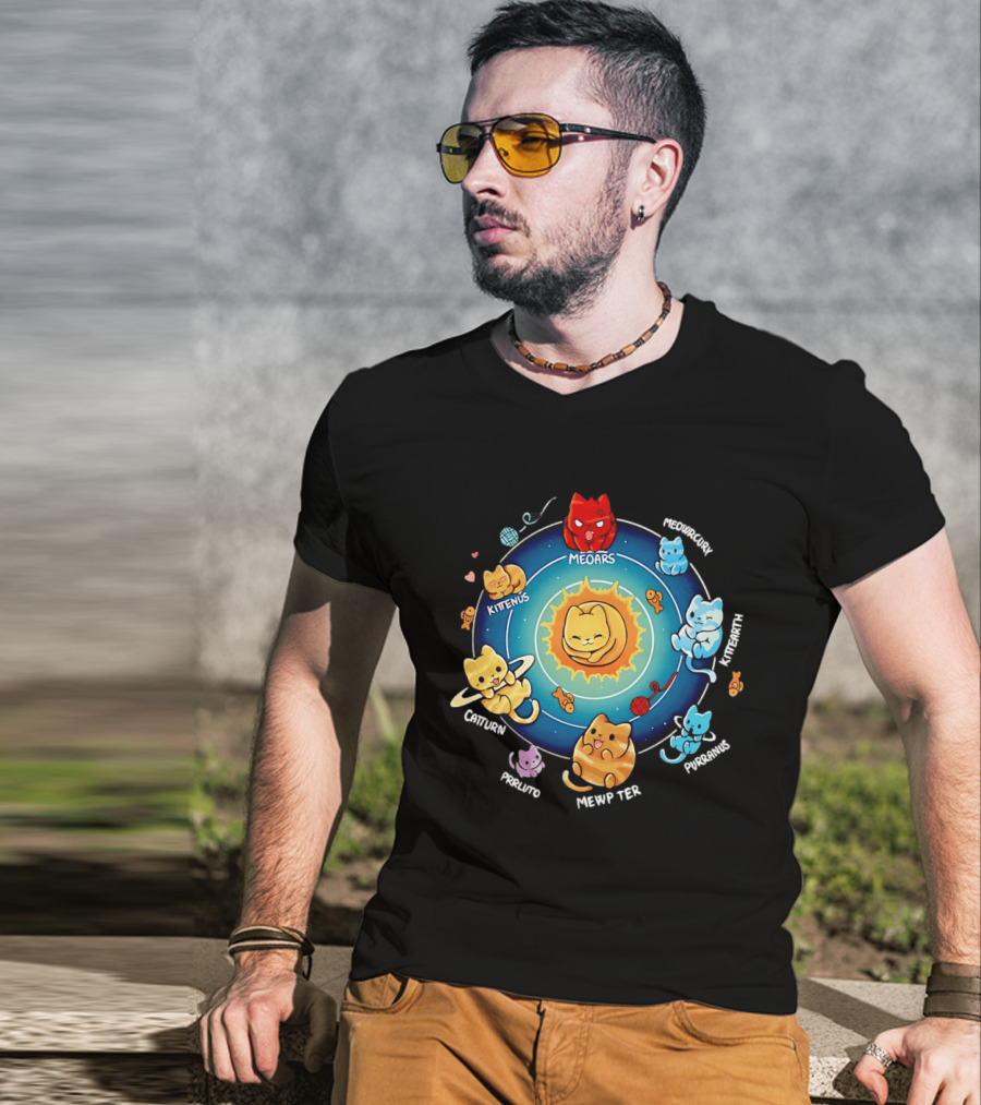 Cat Solar System Pun With Meowars And Planets Names Like Kittenus And Purrurns T-Shirt