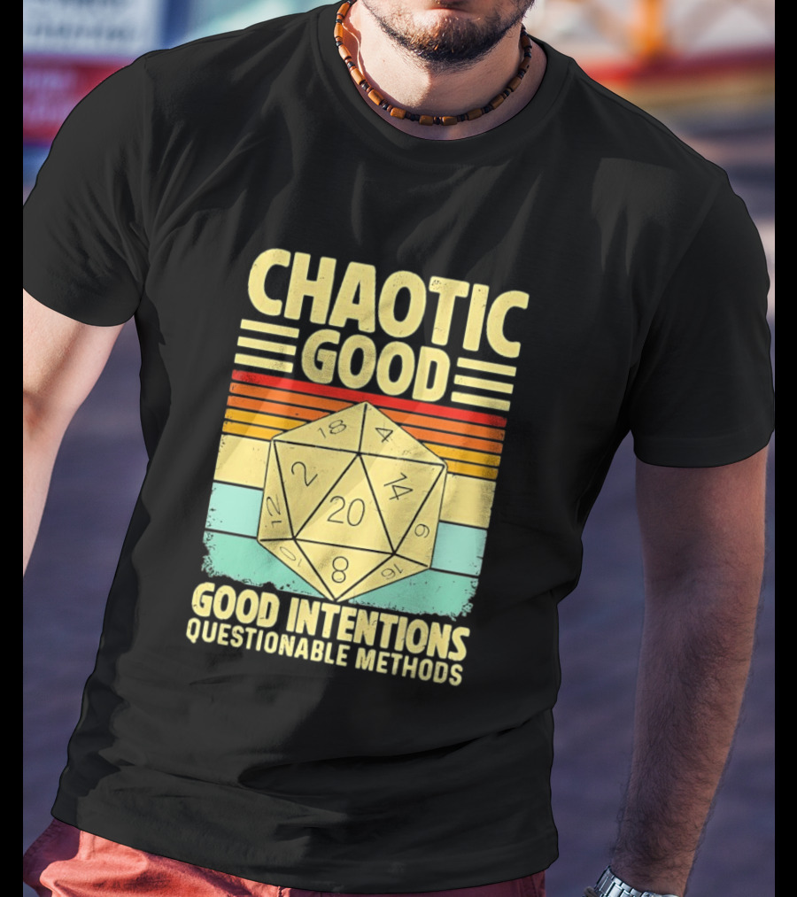 Chaotic Good D20 Good Intentions Questionable Methods Stripes T-Shirt