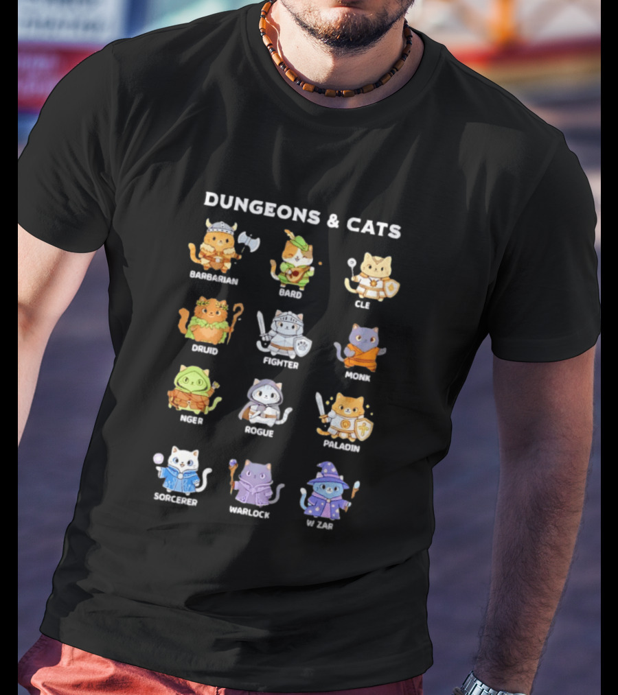 Dungeons And Cats Barbarian Bard Cleric Druid Fighter Monk Mage Rogue Paladin Sorcerer Warlock Wizard T-Shirt