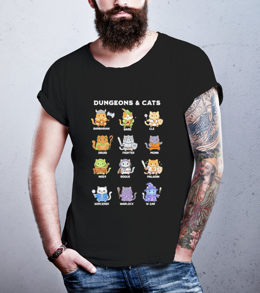 Dungeons And Cats Barbarian Bard Cleric Druid Fighter Monk Mage Rogue Paladin Sorcerer Warlock Wizard T-Shirt