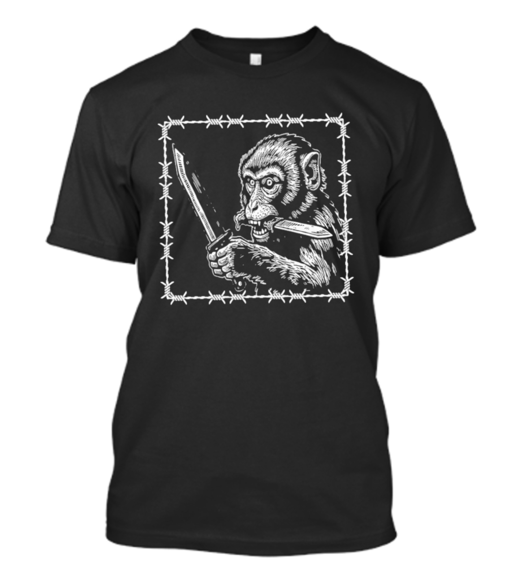 Monkey Holding Knife Barbed Wire Black And White Sketch T-Shirt