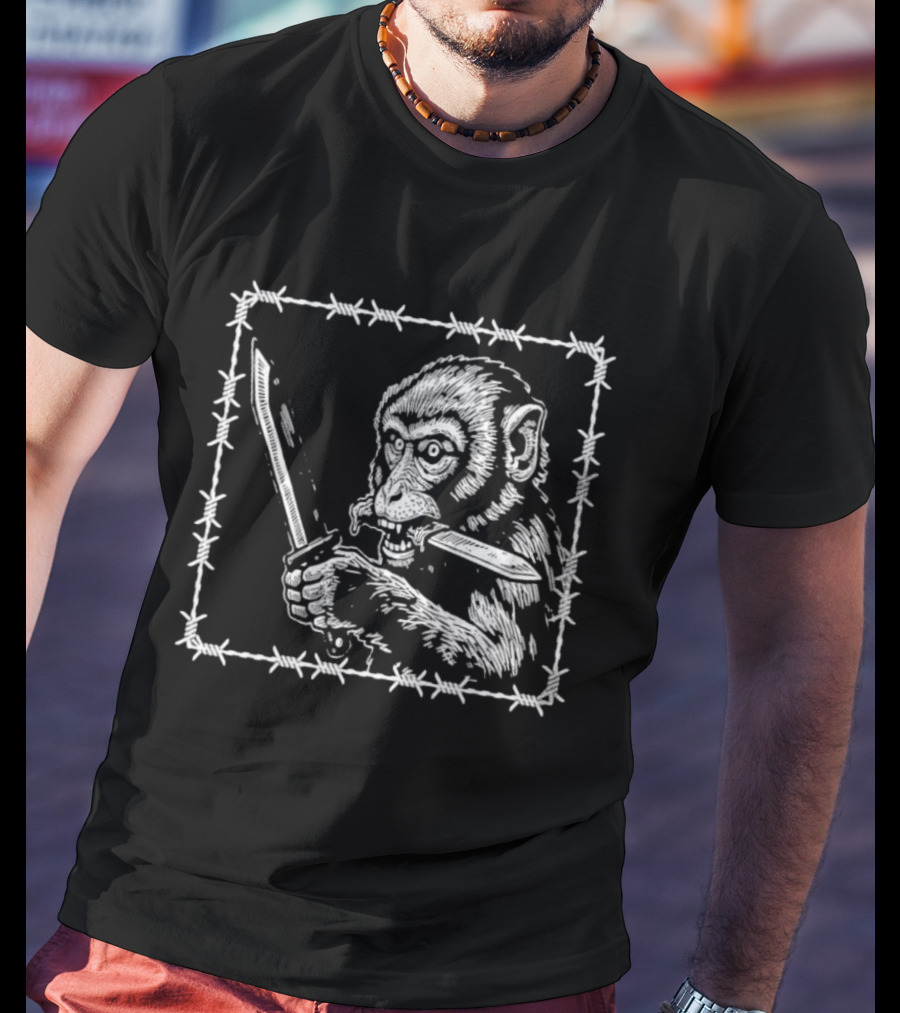 Monkey Holding Knife Barbed Wire Black And White Sketch T-Shirt