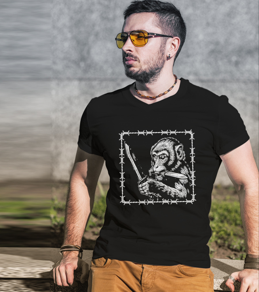 Monkey Holding Knife Barbed Wire Black And White Sketch T-Shirt