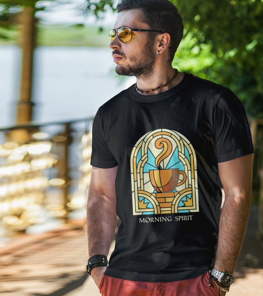Morning Spirit Coffee Cup Stained Glass Art Deco T-Shirt