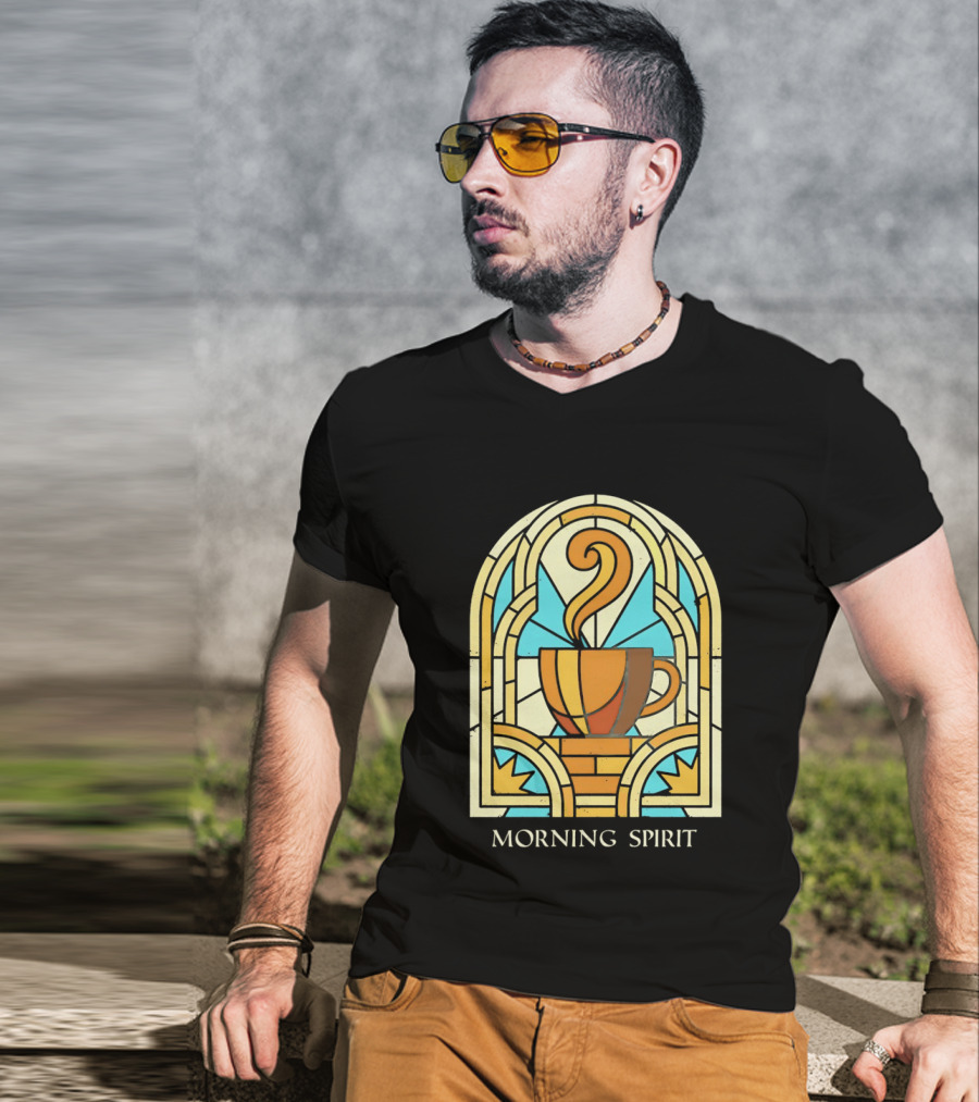 Morning Spirit Coffee Cup Stained Glass Art Deco T-Shirt
