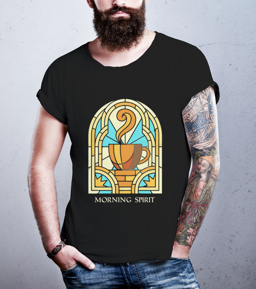 Morning Spirit Coffee Cup Stained Glass Art Deco T-Shirt