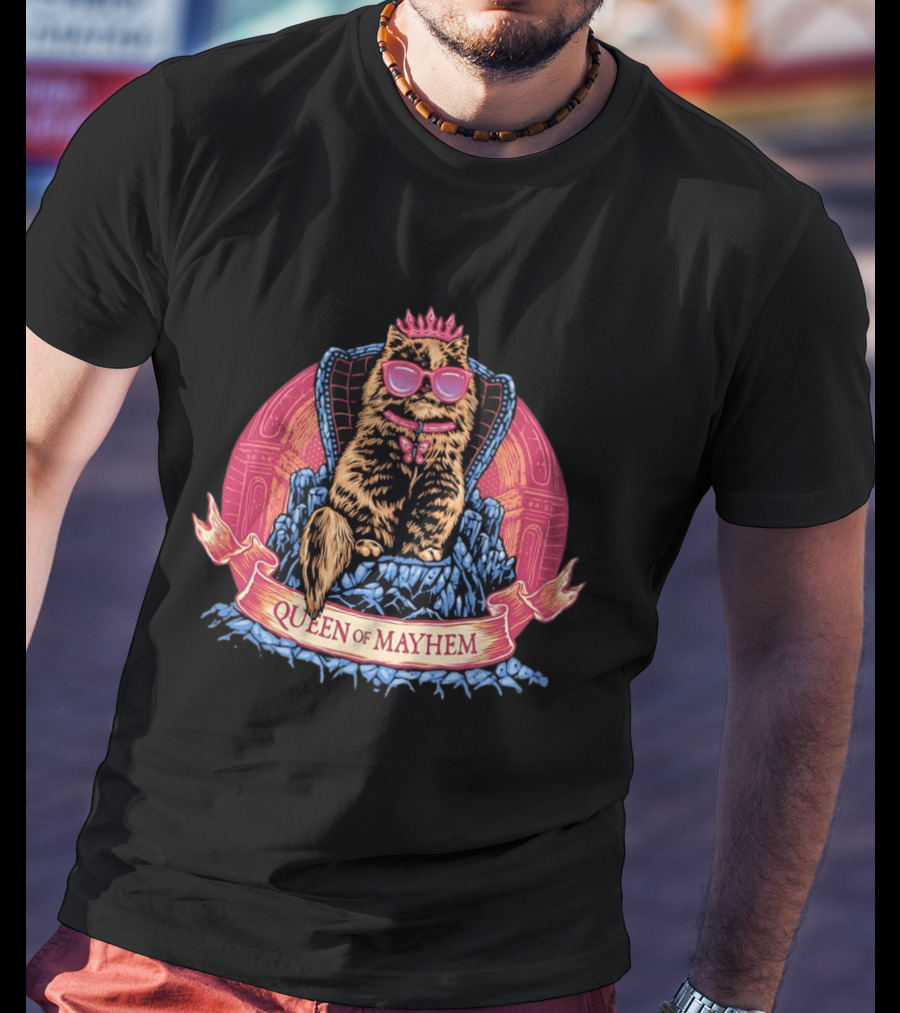 Queen Of Mayhem Cat With Pink Crown And Glasses On Throne T-Shirt