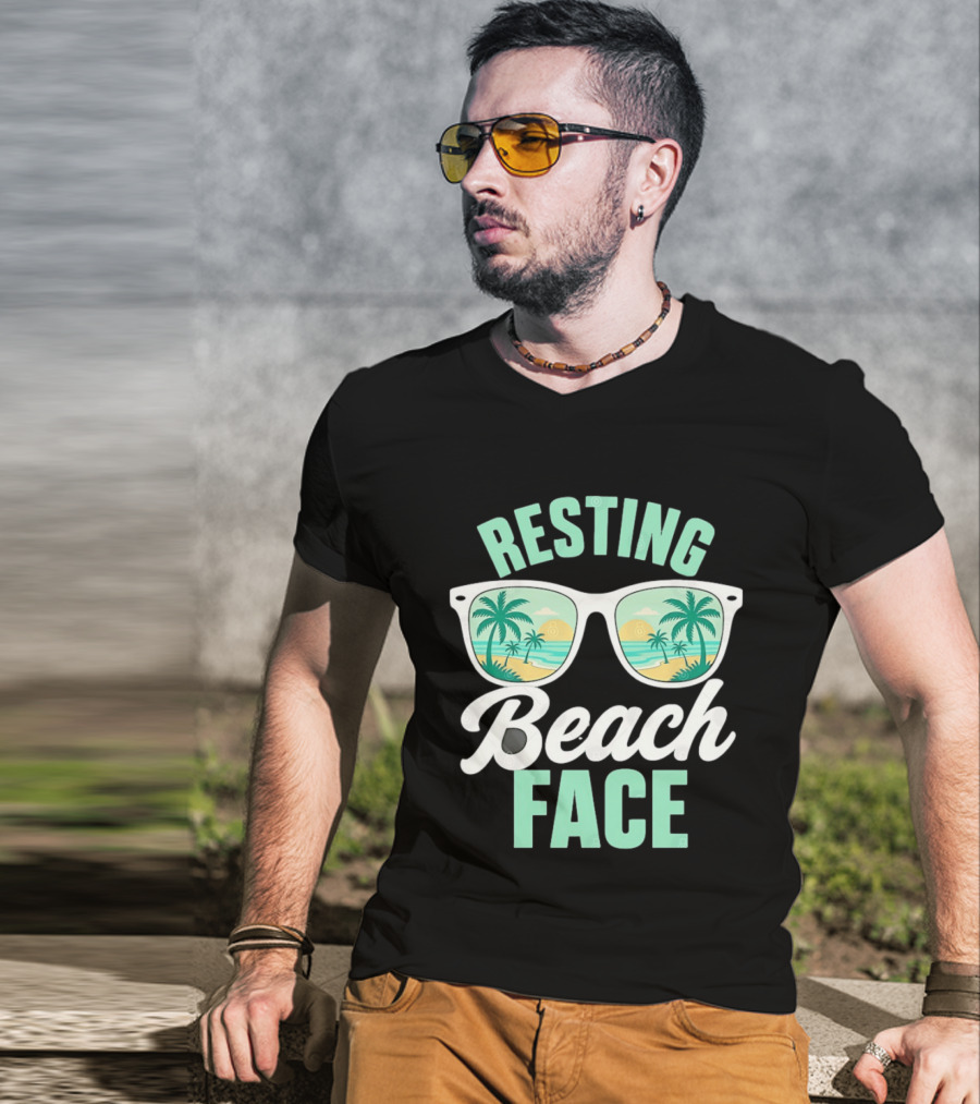 Resting Beach Face Sunglasses Palm Trees Tropical Summer Vacation T-Shirt