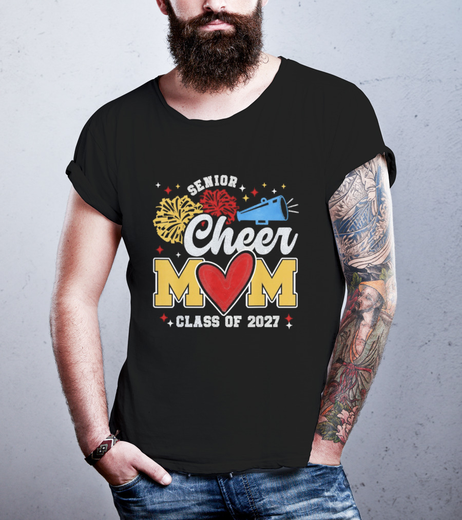 Senior Cheer Mom Megaphone Heart Pom Poms Class Of 2027 T-Shirt