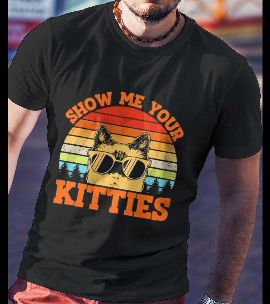 Show Me Your Kitties Cat Sunglasses Retro Sunset T-Shirt