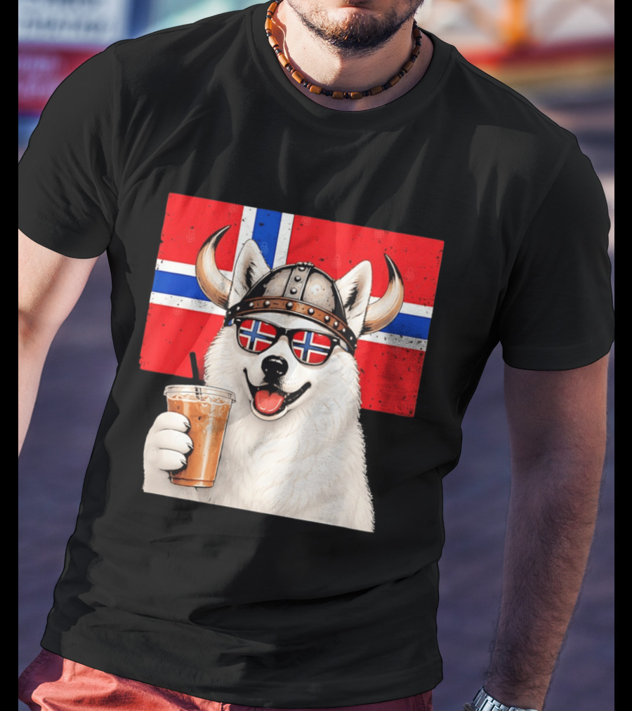 Viking Husky With Norwegian Flag Glasses And Iced Coffee T-Shirt