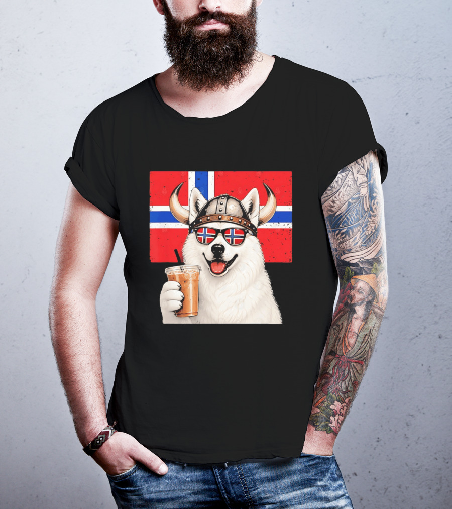 Viking Husky With Norwegian Flag Glasses And Iced Coffee T-Shirt