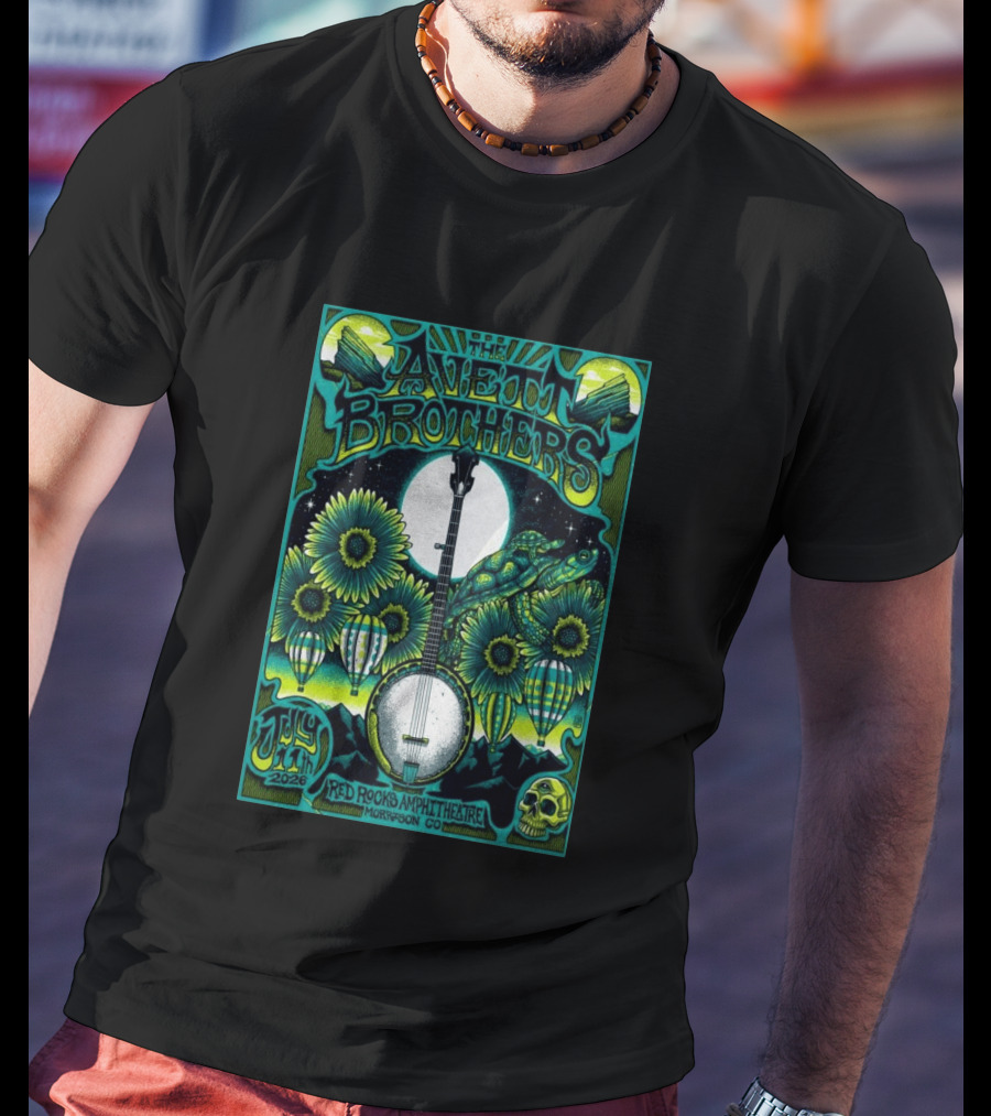 The Avett Brothers Red Rocks Amphitheatre July 11 2026 Morrison CO Banjo Sunflowers Hot Air Balloons Turtles Skulls T-Shirt