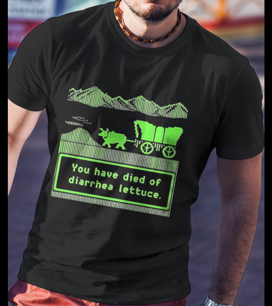 You Have Died Of Diarrhea Lettuce Oregon Trail Wagon Pixelated Retro Text Green T-Shirt