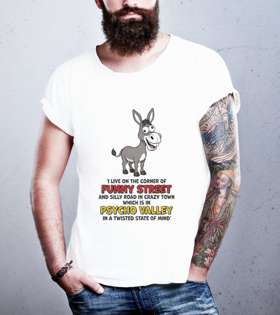 Donkey I Live On The Corner Of Funny Street And Silly Road In Crazy Town Psycho Valley In A Twisted State Of Mind T-Shirt