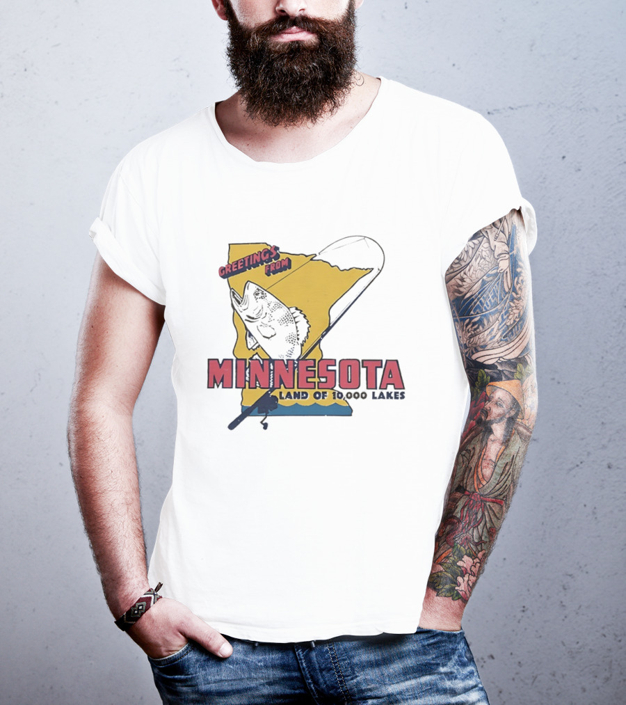 Greetings From Minnesota Land Of 10000 Lakes Fishing Map T-Shirt