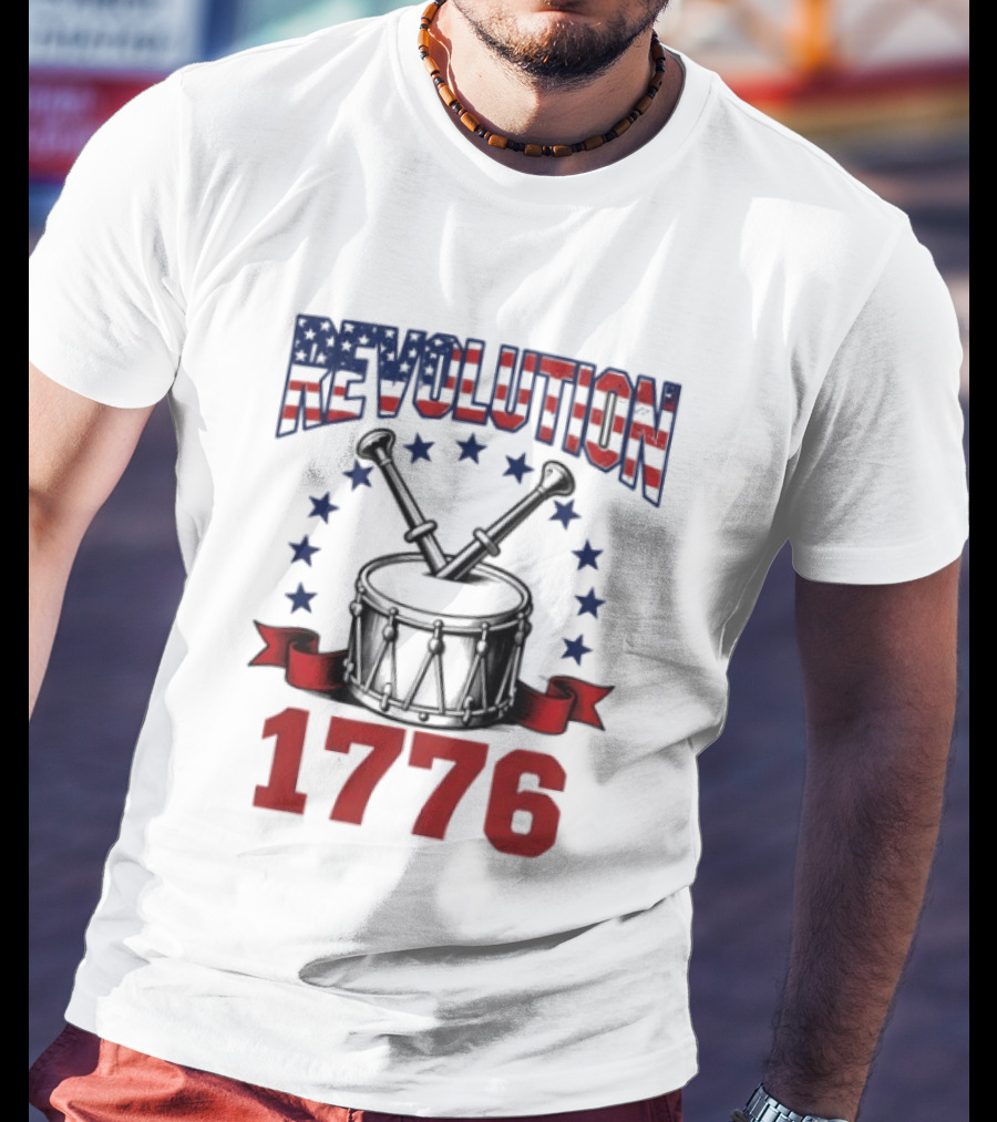 Revolution 1776 American Independence Drum With Stars And Crossed Drumsticks T-Shirt