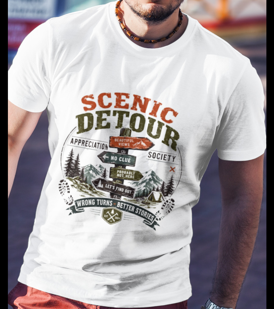 Scenic Detour Appreciation Society No Clue Adventure Awaits Better Stories T-Shirt